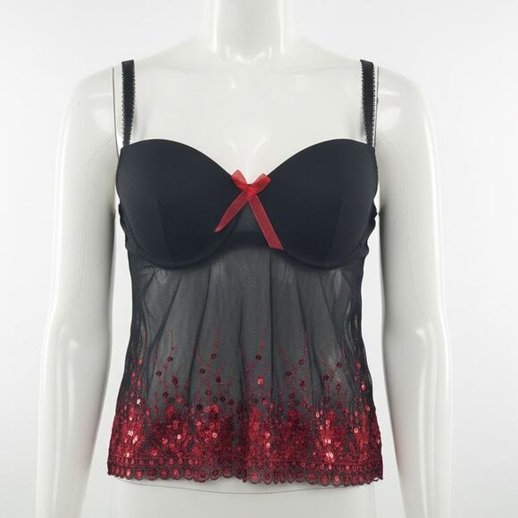 Frederick’s of Hollywood Bustier 34B Black Mesh Red Sequin Lace Trim Corset Top - Picture 1 of 8